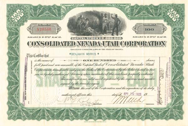 Consolidated Nevada-Utah Corporation - Stock Certificate